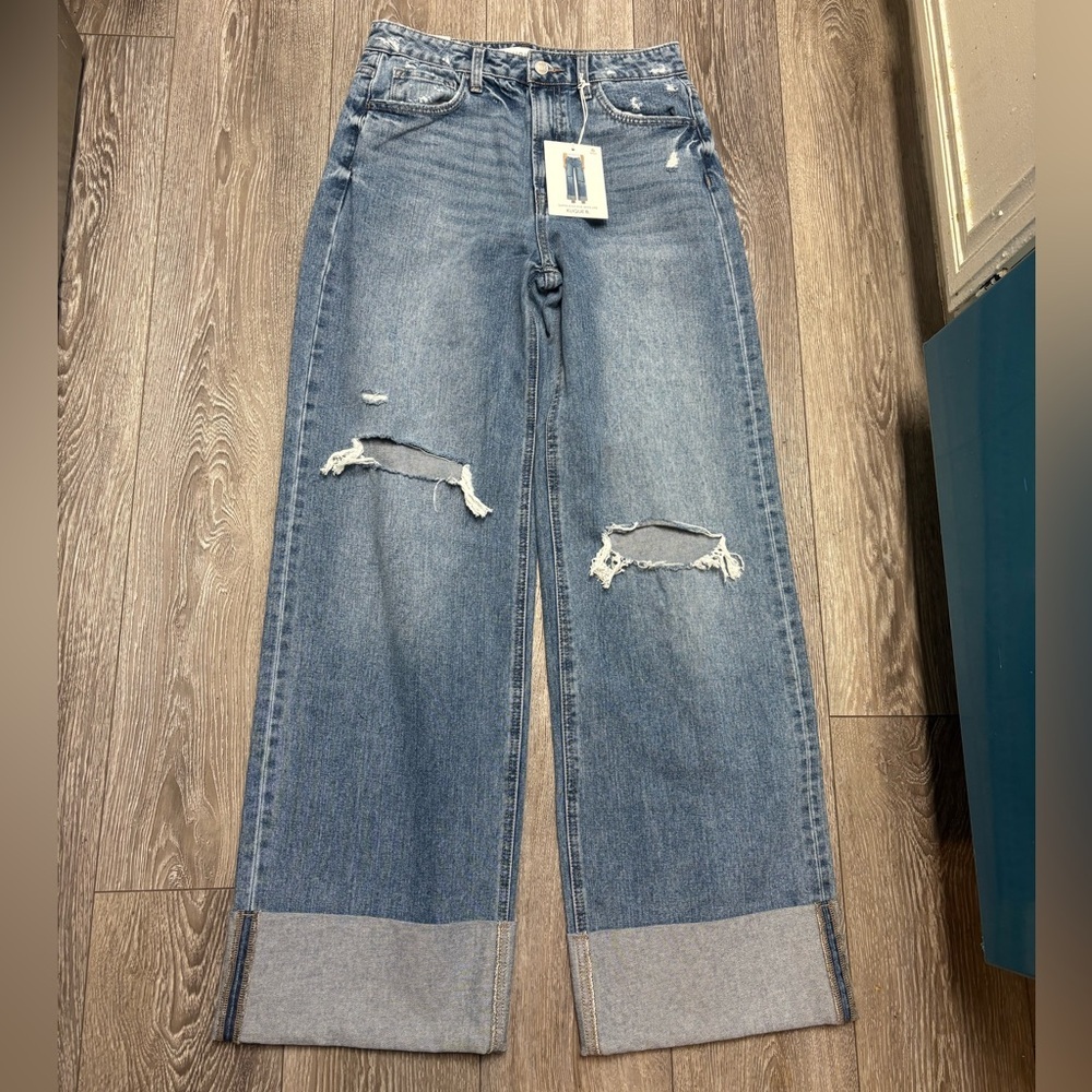 Wide Leg Distressed Blue Jeans - Women's